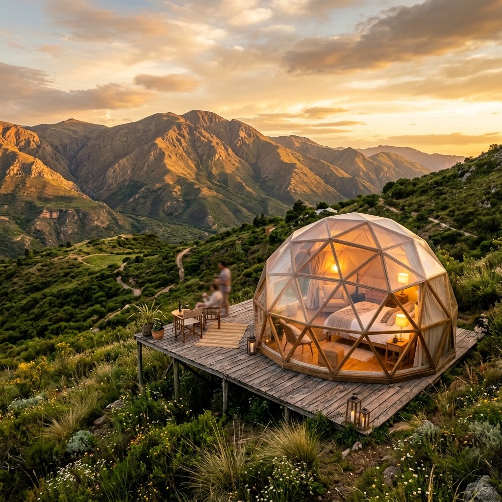 Cúpula geodésica en el atardecer